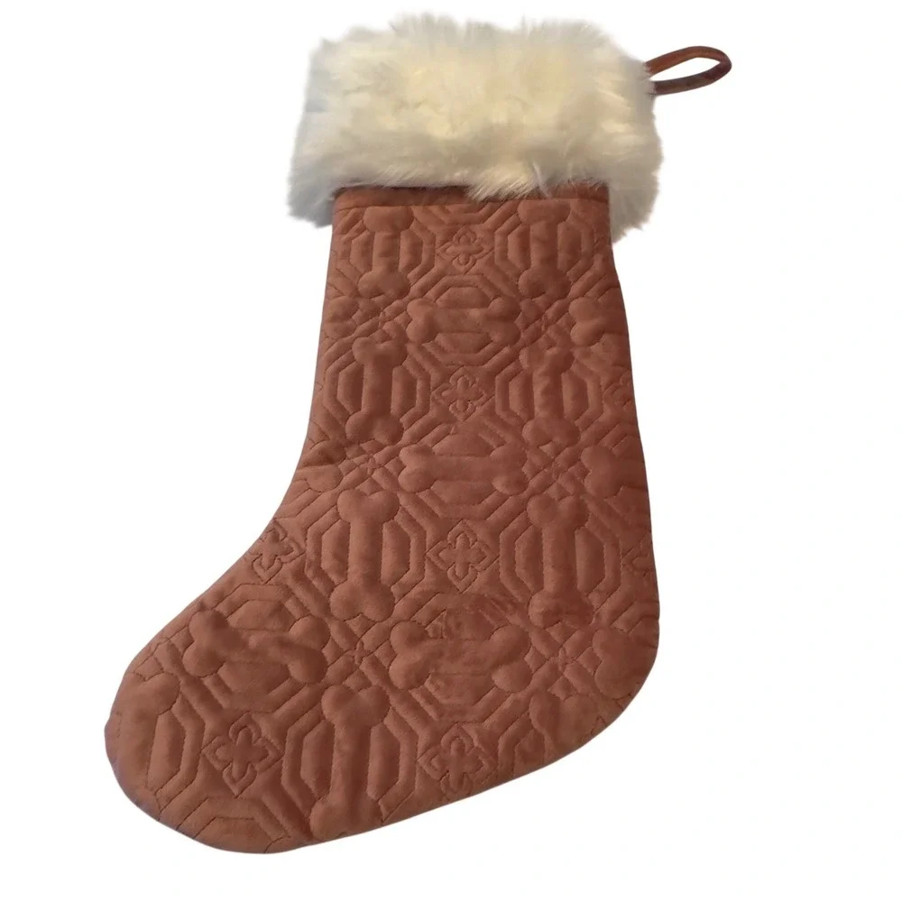 Martha Stewart Dusty Rose‎ Quilted Dog Bone Christmas Stocking Faux Fur Trim
